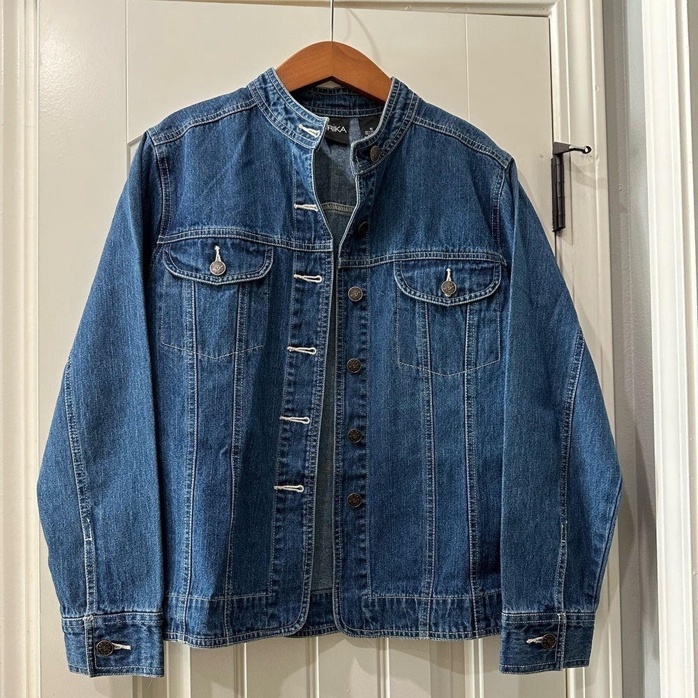 Erika Womens Blue Denim Jacket Mandarin Collar Button Front Size S Medium Wash